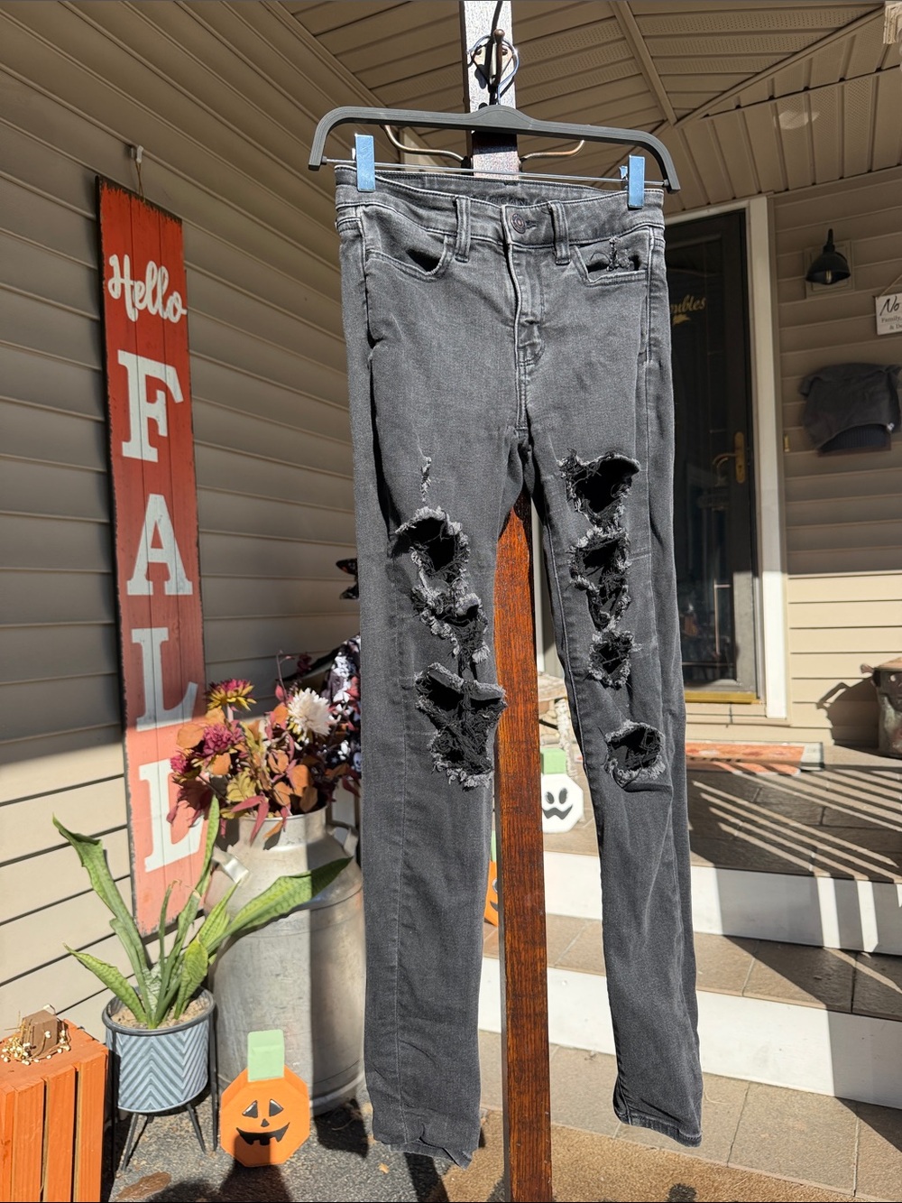 American Eagle Charcoal Black Stretch Distressed Skinny Jeans